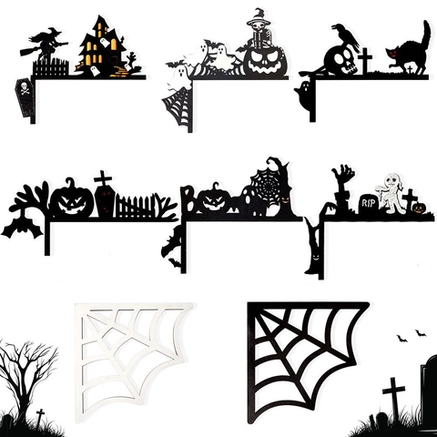 Décoration de Coin en Bois Halloween Fantôme Citrouille Toile d'Araignée Cadre de Porte Silhouette Sorcière Maison Fête Murale