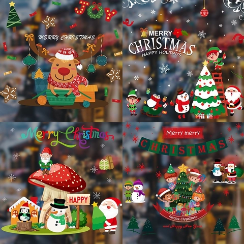 Christmas Static Window Stickers Santa Reindeer Snowman Snowflakes PVC Decals For Shop Home Holiday Party Decoration