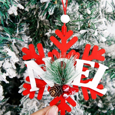 Adorno Colgante de Copo de Nieve de Madera de Navidad Letrero Noel Con Piña Bayas Rojas Para Decoración de Árbol de Navidad Fiesta Casa