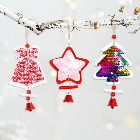 Legno Paillettes Filato Albero di Natale Stella Cuore Ornamento Sospeso Con Campanello Rosso per Festa di Natale Casa Gioielli