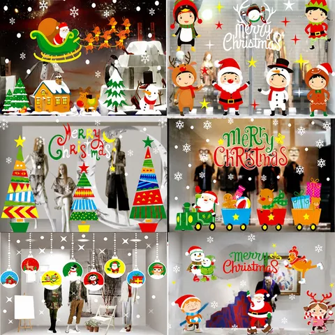 Autocollant Statique de Fenêtre de Noël PVC Dessin Animé Père Noël Renne Flocons de Neige Décalcomanies Pour Centre Commercial Hôtel Magasin Décoration en Verre