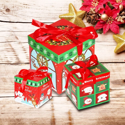 Stapelbare Quadratische Papier Geschenkbehälter Mit Schleife Weihnachtsmann Schneemann Muster Für Feiertags Haus Dekoration
