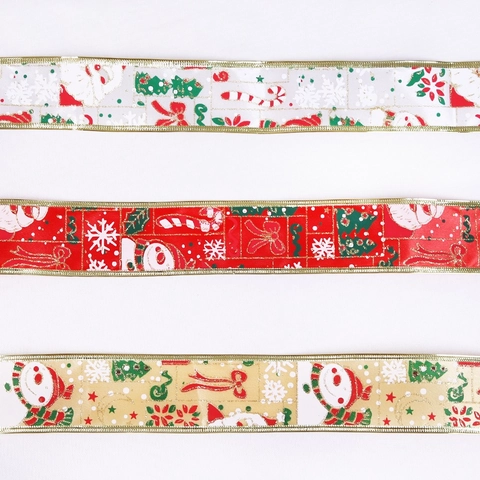 Polyester Printed Christmas Ribbon Santa Claus Snowman Snowflake Pattern Gold Edge Ribbon For Home Decor Gift Wrapping