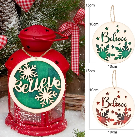 Christmas Wooden Plaid Ornament Believe Letter Hollow Snowflake Tree Hanging Tag For Festive Party Home Tree Decoration