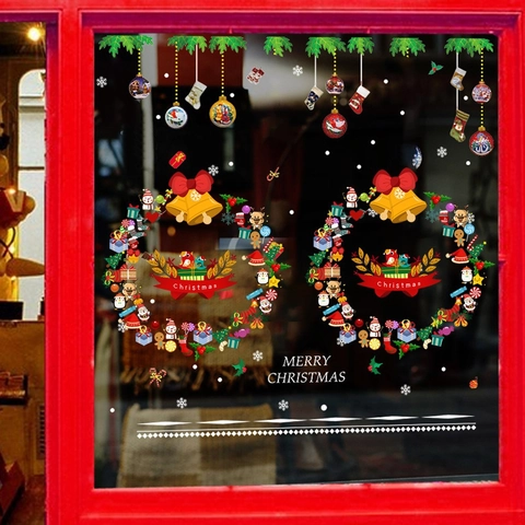 Autocollants Statiques de Noël pour Fenêtres en PVC Père Noël Renne Flocon de Neige Stickers pour Boutique Maison Porte en Verre Décoration