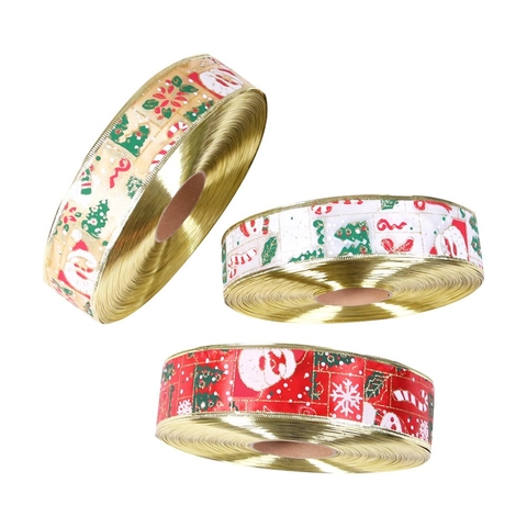 Polyester Printed Christmas Ribbon Santa Claus Snowman Snowflake Pattern Gold Edge Ribbon For Home Decor Gift Wrapping