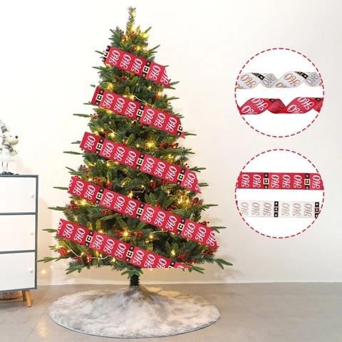 Ruban de Décoration Arbre de Noël Ho Ho Ho Lettres Imprimé Rubans en Lin pour Emballage Cadeau Fête Rouge Blanc