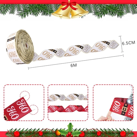 Rouleau de Ruban de Noël Imprimé Ho Ho Ho Motif Ceinture du Père Noël Ruban en Lin pour Emballage Cadeau Décoration Sapin