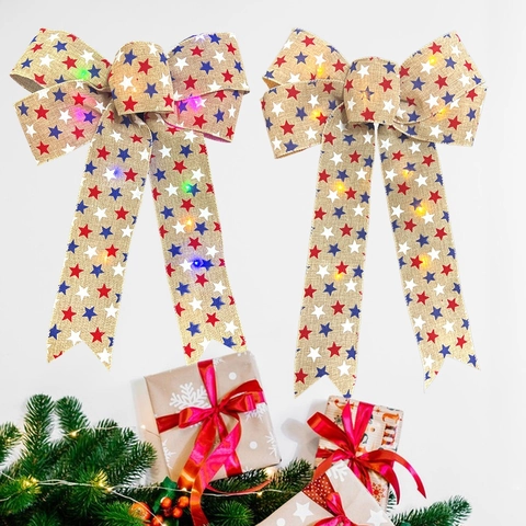 LED Light Up Christmas Bow Burlap Star Red Flocking Bowknot Gold Edge For Christmas Tree Home Party Hanging Ornament