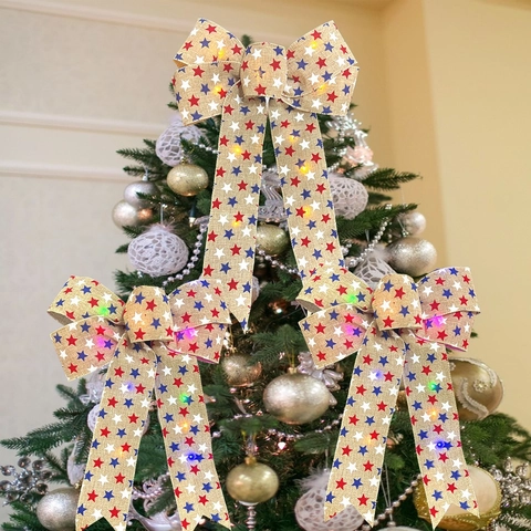 LED Light Up Christmas Bow Burlap Star Red Flocking Bowknot Gold Edge For Christmas Tree Home Party Hanging Ornament
