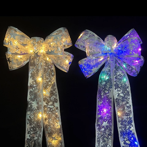 LED Lichtgevende Kerst Lint Strikken Gaas Boom Ornamenten Glitter Ster Maan Bedrukte Grote Hangende Strik Feest Decoratie