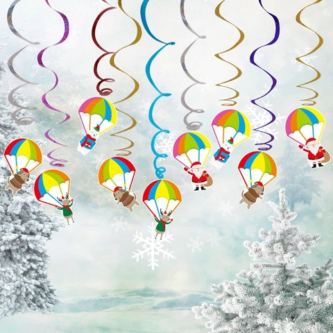 Christmas Hanging Swirl Decorations With Cartoon Santa Reindeer Paper Tags PET Foil Spiral Ceiling Streamers For Xmas Party Home Decor