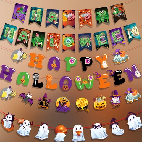 Halloween Party Banner Decoration Zombie Ghost Design Cardboard Garland Haunted House Wall Decor Multicolor Festive Home Ornament