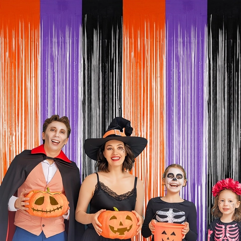 Halloween Metallfolie Fransenvorhang Gestreift Orange Lila Schwarz Tinsel Streamer Für Party Hintergrund Foto Requisite Wand Dekoration