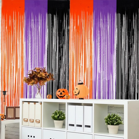 Halloween Metallfolie Fransenvorhang Gestreift Orange Lila Schwarz Tinsel Streamer Für Party Hintergrund Foto Requisite Wand Dekoration