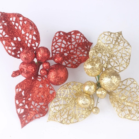 Decoración de Árbol de Navidad con Purpurina Hojas Huecas de Plástico Bayas Ornamento para Guirnalda DIY Fiesta Hogar