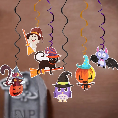 Halloween Spiral Hanging Decorations Cartoon Ghost Pumpkin Bat Witch Paper PVC Swirl Ornaments For Party Mall Home Ceiling Decor