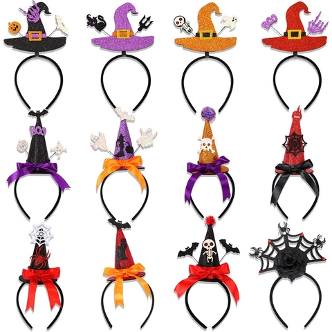Cerchietti con Cappello da Strega di Halloween 3D Decorazioni per Feste Gatto Nero Pipistrello Zucca Ragno Accessori per Bambini