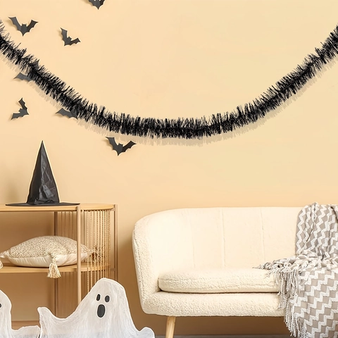 Spooky Halloween Black Tinsel Garland Fluffy PET Metallic Hanging Decor For Party Home Fireplace Wall Ornament