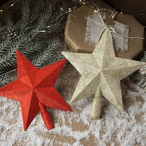Puntale per Albero di Natale Glitter Stella Pentagramma Ornamento per Festa Decorazione Casa Plastica Oro Rosso Stella