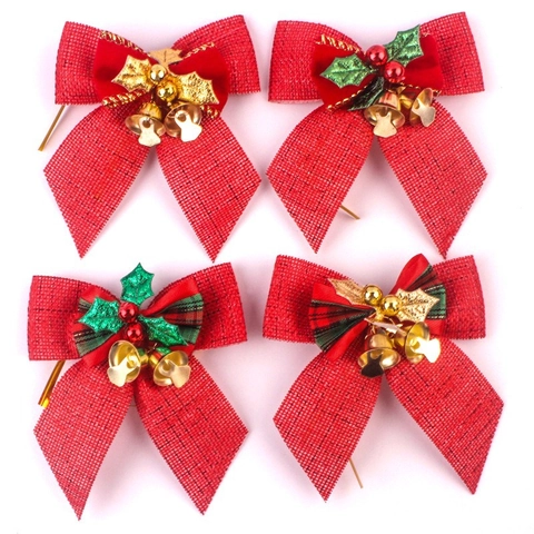 Lazos de Navidad Con Cascabeles Dorados Hojas de Acebo Bayas Cuadros Arpillera Terciopelo Adornos Colgantes Árbol de Navidad Fiesta Hogar