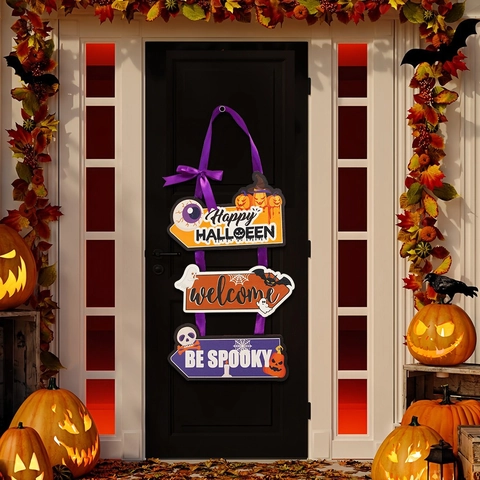 Halloween Targa per Porta in Legno Decorazione Appesa Fantasma Zucca Pipistrello Welcome Boo Placca da Parete per Casa Festa