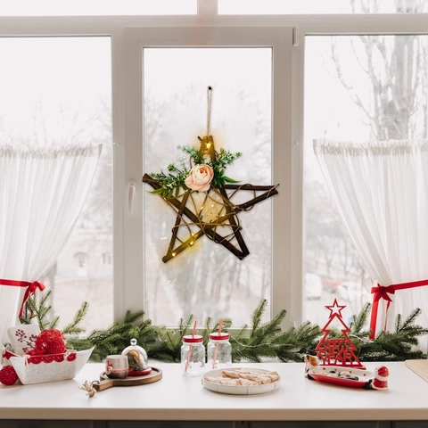 Decoración Colgante de Navidad Madera Ratán Forma Árbol Estrella Con Luces LED Cálidas Flores Artificiales Adorno Fiesta