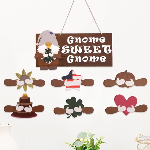 Interchangeable Seasonal Gnome Wooden Door Sign Welcome Hanger Icons For Christmas Halloween Valentine Day Home Wall Decor