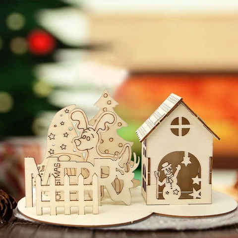 Christmas DIY Wood Desktop Decoration Laser Cut Snowman Reindeer Small Cabin Ornament Creative Assembly Gift Tabletop Decor