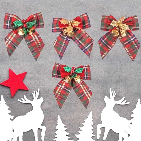 Christmas Mini Bowknot Hanging Decoration With Bell Berry Holly Leaf Burlap Plaid Velvet Fabric Xmas Tree Ornaments DIY Gift Wrap Accessory