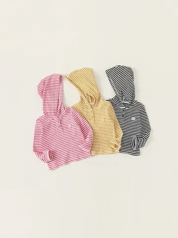 Toddler Girls Hooded Striped T-Shirt Long Sleeve Cotton Blend Casual Top For Kids Spring Autumn Patch Basic Pullover