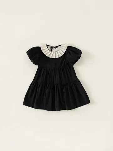 Elegant Girls Hepburn Style Black Dress Elegant Puff Sleeve Ruffled Collar Princess Tiered Cake Skirt Summer Kids Viscose Blend Dress