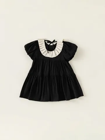 Elegant Girls Hepburn Style Black Dress Elegant Puff Sleeve Ruffled Collar Princess Tiered Cake Skirt Summer Kids Viscose Blend Dress