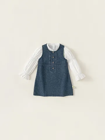 Kids Girls Casual Cotton Denim Jumper Dress A-Line Sleeveless Pinafore Dress Solid Color Button Decoration Spring Autumn Dress