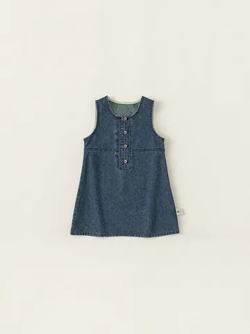 Kids Girls Casual Cotton Denim Jumper Dress A-Line Sleeveless Pinafore Dress Solid Color Button Decoration Spring Autumn Dress