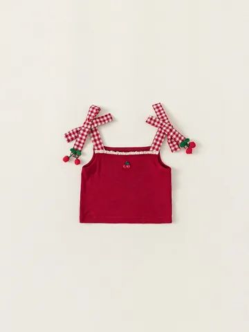 Canotta Rossa Dolce per Bambina Con Spalline a Fiocco Gingham Maglia a Costine in Viscosa Vestiti Estivi per Bambini