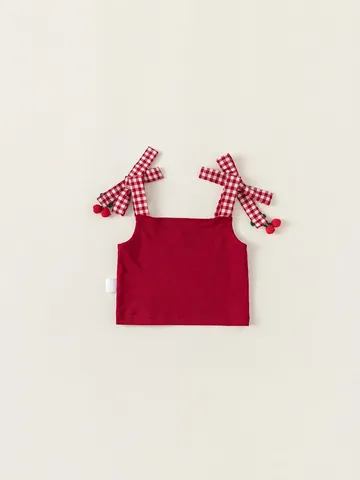 Canotta Rossa Dolce per Bambina Con Spalline a Fiocco Gingham Maglia a Costine in Viscosa Vestiti Estivi per Bambini