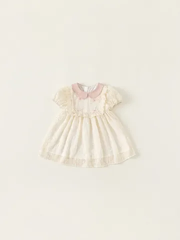 Süßes Baby Mädchen Prinzessinnenkleid Rosa Schleife Peter Pan Kragen Aprikose Pünktchen Puffärmel Kurzarm Sommer Partykleid