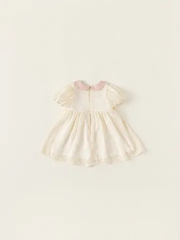 Süßes Baby Mädchen Prinzessinnenkleid Rosa Schleife Peter Pan Kragen Aprikose Pünktchen Puffärmel Kurzarm Sommer Partykleid