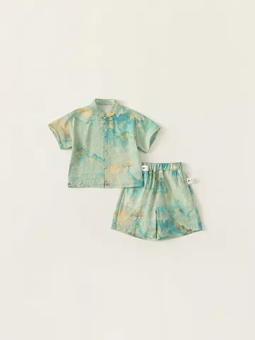 Kids Chinese Style Hanfu Set Traditional Printed Landscape Pattern Short Sleeve Top And Shorts Tang Suit Two Piece Outfit