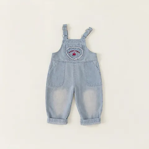 Salopette di Denim per Ragazze Stile Coreano Ricamo di Ciliegia Tasca a Cuore Pantaloni con Bretelle in Misto Cotone Blu Chiaro