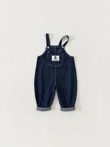 Kids Denim Overalls Solid Color Cotton Suspender Bib Pants Casual Toddler Jumpsuit Dark Blue Soft Denim Trousers For Boys Girls