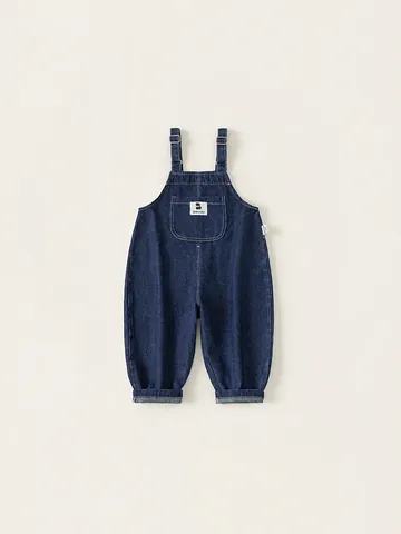 Kids Denim Overalls Solid Color Cotton Suspender Bib Pants Casual Toddler Jumpsuit Dark Blue Soft Denim Trousers For Boys Girls