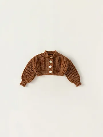 Cárdigan de Punto para Niñas Estilo Coreano Marrón Botonadura Sencilla Color Sólido Top de Punto Cálido para Niñas Primavera Otoño