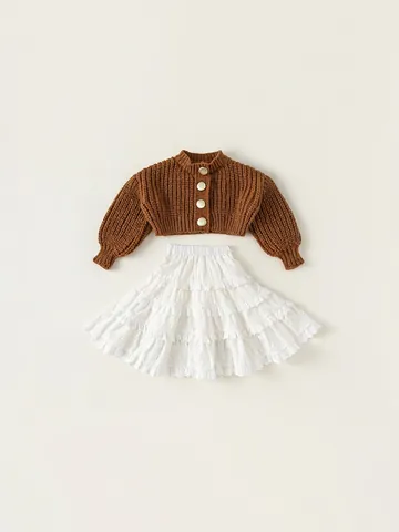 Cárdigan de Punto para Niñas Estilo Coreano Marrón Botonadura Sencilla Color Sólido Top de Punto Cálido para Niñas Primavera Otoño