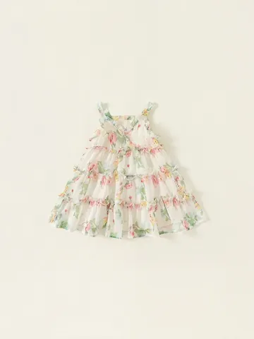Mädchen Süßes Blumenmuster Sommerkleid Ärmellos Rüschen Gestuftes Prinzessinnenkleid Für Kinder Sommer Urlaub Party Kleidung