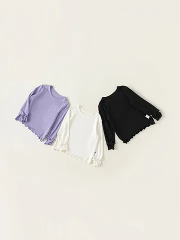 Girls Ribbed Long Sleeve Base Layer Top Viscose Comfortable Lettuce Edge Round Neck T-Shirt For Kids Casual Daily Wear