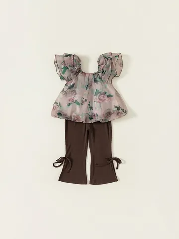 Girls Summer Clothing Set Vintage Rose Floral Ruffle Mesh Top And Ribbed Flare Pants With Bow Knot Polyester Kids Outfit