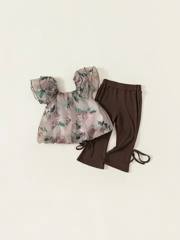 Girls Summer Clothing Set Vintage Rose Floral Ruffle Mesh Top And Ribbed Flare Pants With Bow Knot Polyester Kids Outfit