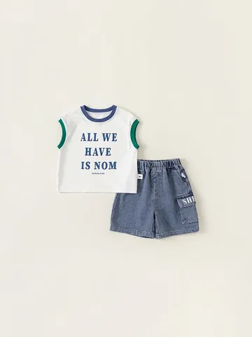 Boys Summer Sleeveless T-Shirt And Denim Shorts Outfit Letter Print Round Neck Tank Top Cargo Pants Kids Clothing